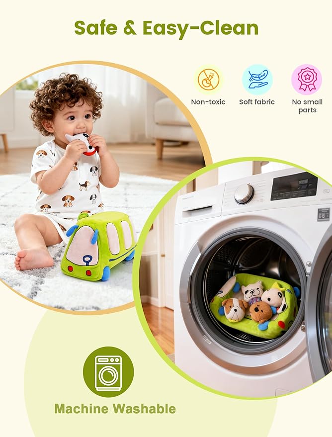 Baby Toys 6-12 Months - Sensory Toys Bus with Stuffed Puppies, Rattle, Crinkle Paper, Mirror & Squeaker, Montessori Toys for 6 Month Old Babies, Sensory Balls Toddlers 1-3