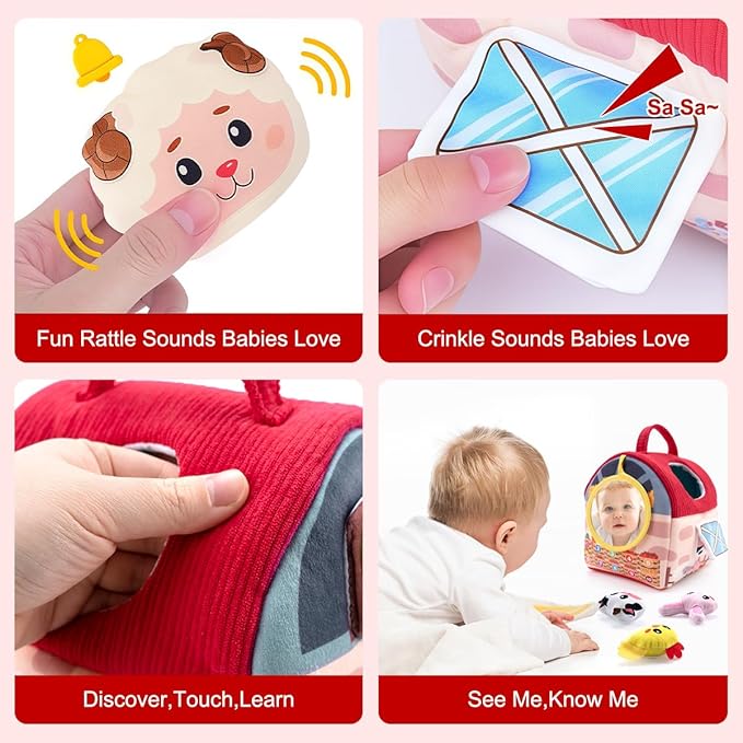 Easter Baby Toys 6–12 Months, Montessori Sensory Farm Barn with Plush Animals, Rattles, Crinkle Paper & Mirror – First Birthday Gift, Easter Basket Stuffer for Babies