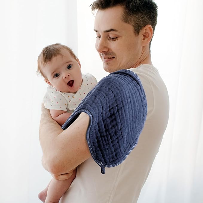 VitalCozy 6 Pcs Baby Muslin Hooded Bath Towels and Washcloths Muslin Cotton Hooded Baby Towels Absorbent Blankets for Gift Newborn Infant Shower (32 x 32 Inch,Dark Blue,Light Blue)