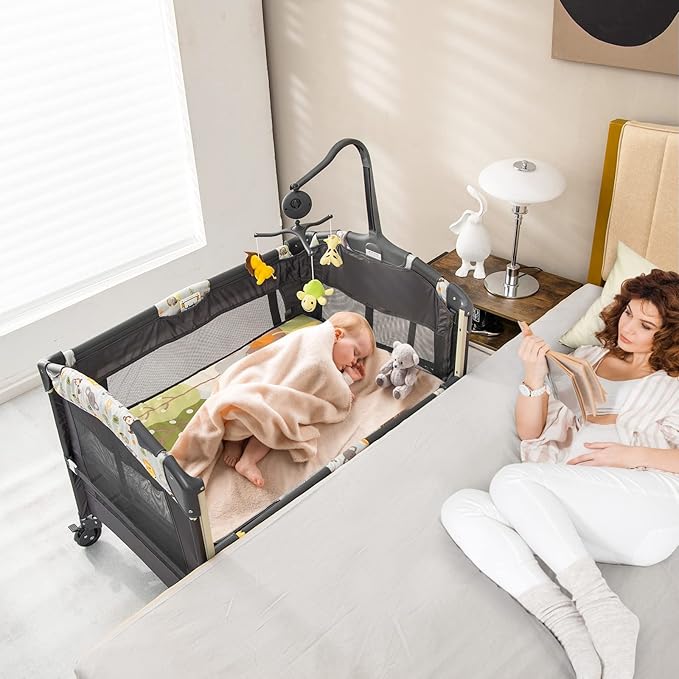 HONEY JOY Pack and Play, 4 in 1 Baby Bedside Sleeper w/Diaper Changing Table & Storage Bag, Toy Rack & Music Box, Portable Baby Playard with Bassinet, Carry Bag for Newborn to Toddlers (Gray)