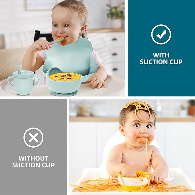 Dormlony 100% Silicone Baby Feeding Set,BPA Free Baby Dishes Set with Suction Bowl Divided Plate,Toddler Self Feeding Dish Set with Spoons Forks Sippy Cup and Bib, Baby Eating Utensils(Light Blue)