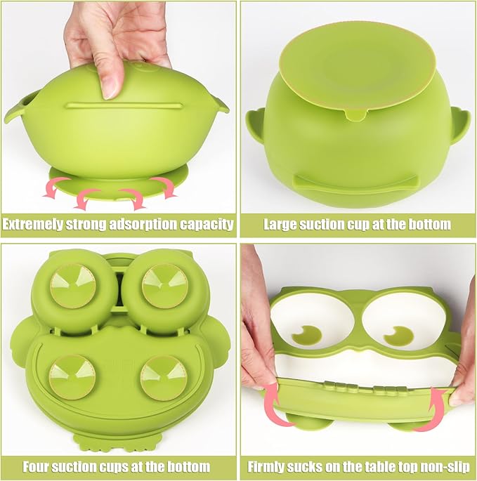 Silicone Baby Feeding Set 13 Piece, Baby Led Weaning Feeding Supplies, Strong Suction Bowl & Suction Plate, Adjustable Bibs, 4-in-1 Cup, Spoon, Food-grade Silicone (Green with white)
