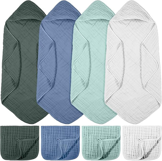 VitalCozy 8 Pcs Baby Muslin Hooded Bath Towels and Washcloths Muslin Cotton Hooded Baby Towels Absorbent Blankets for Gift Newborn Infant Shower (32 x 32 Inch,Mist Colors)