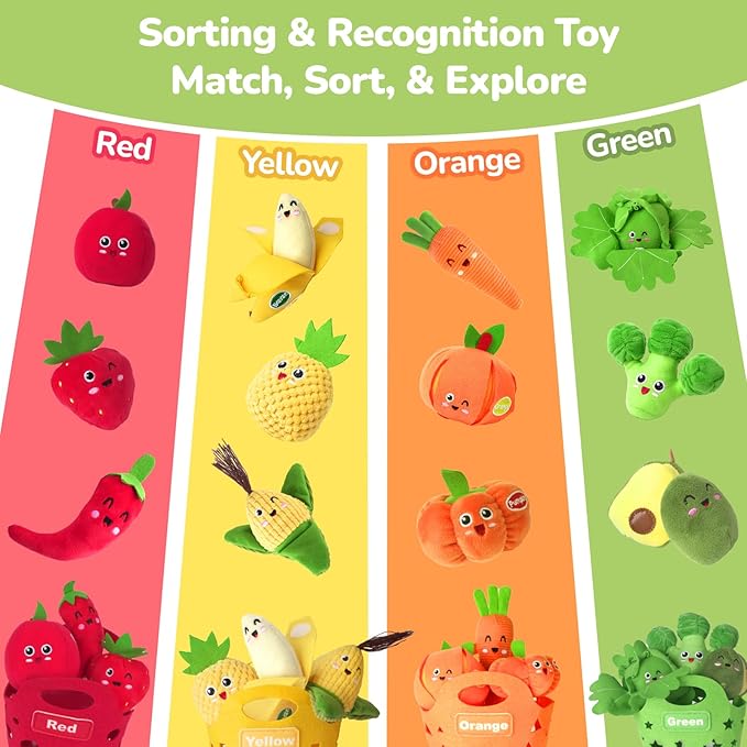 Baby Sensory Toys - Plush Color Sorting Fruit Veggie Baby Toys 6-12 Months, Pretend Play Food with Rattle Crinkle for Toddlers 1-3, Birthday Valentines Day Easter Gift for 1 Year Old Boys Girls