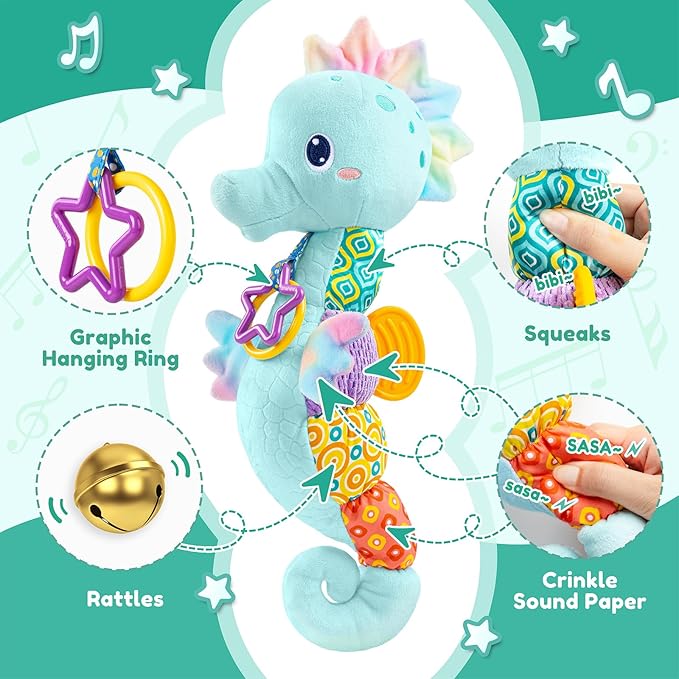 AWOTOY Baby Toys 0 to 12 Months, Musical Stuffed Animal Activity Soft Toys with Multi-Sensory Crinkle, Rattle and Textures, Infant Tummy Time Toys for Newborn Boys, Seahorse, Blue