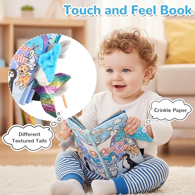HECCEI Baby Cloth Books Soft Baby Book 0-6 Months Crinkle Books with Glacier Tails Touch and Feel Sensory Toys for Infant Tummy Time for 3 Months+ Easter Basket Stuffers