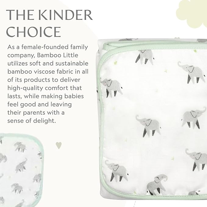 Bamboo Viscose Baby Hooded Towel & Washcloth Set for Babies and Toddlers, Soft & Absorbent, 70% Viscose from Bamboo, 30% Cotton Muslin - Imported (Elephant)
