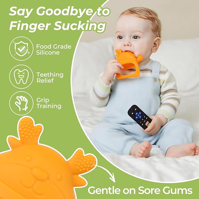 Teething Toys 3-18 Months Baby Teether Toy Toddler Remote Teether for Babies Silicone Hand Teether Mitten Control Remote Teething Glove Set, BPA Free