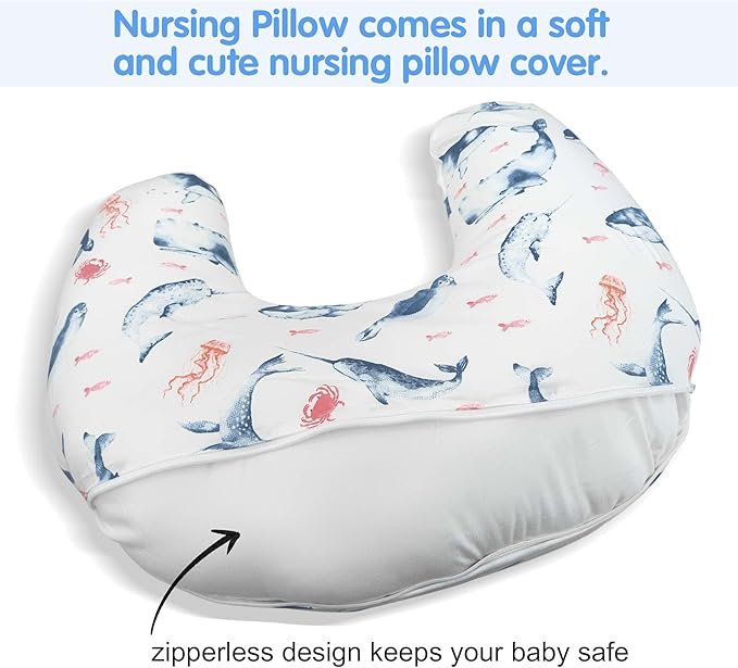 LAT Nursing Pillow for Breastfeeding,100% Cotton Removable Cover,Ergonomic Breast Feeding Pillows for Mom and Baby,Machine Washable (Ocean World)