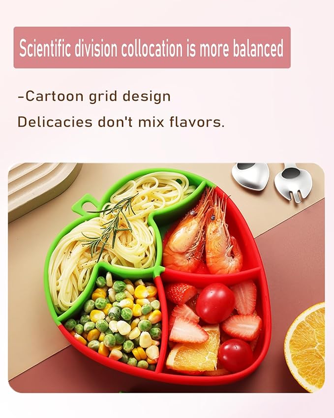 Ecrekhom Silicone Baby Feeding Set (5-Piece), Essential for Baby Food, Strawberry-Shaped Baby Plate, Food-Grade Silicone Material, Heat-Resistant, Red
