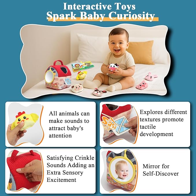 Baby Toys 6-12 Months, Surprise Barn Stuffed Farm Animals with Cloth Books, Rattle, Crinkle, Montessori Sensory Toys for 1-3 Old Infants, Plush Gifts for Boys Girls Valentines Day Birthday Easter
