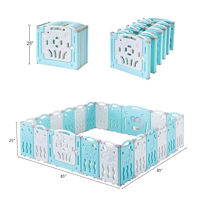 Albott Baby Playpen, 22 Panels Foldable Baby Fence with Game Panel and Safety Gate, Adjustable Shape, Portable Play Yards for Children Toddlers Indoors or Outdoors (White+Blue, 22 Panel)