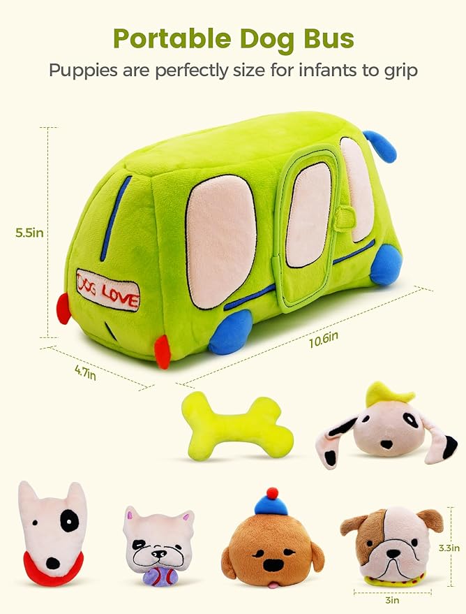 Baby Toys 6-12 Months - Sensory Toys Bus with Stuffed Puppies, Rattle, Crinkle Paper, Mirror & Squeaker, Montessori Toys for 6 Month Old Babies, Sensory Balls Toddlers 1-3