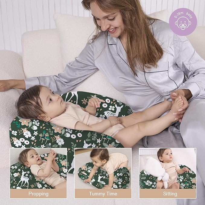 Little Grape Land Nursing Pillow, Upgraded Breast Feeding Pillow for Mom, Breastfeeding Bottle Feeding for 0–16 Months, Machine Washable Cover with Firm Breathable Filling for Tummy Time, Forest Deer