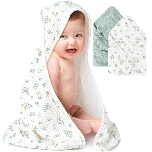 Konssy 2-Pack Muslin Hooded Baby Towels, 100% Cotton, Ultra-Soft & Absorbent Baby Bath Towels with Hood for Newborn & Infant (Green, Leafy,32" x 32")