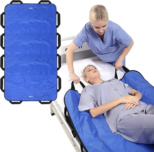ZHEEYI Bed Positioning Pad with Reinforced Handles 63" x 40" Washable Patient Transfer Slide Sheet for Body Lifting, Turning, Repositioning, for Elderly, Incontinence, Caregiver, Blue
