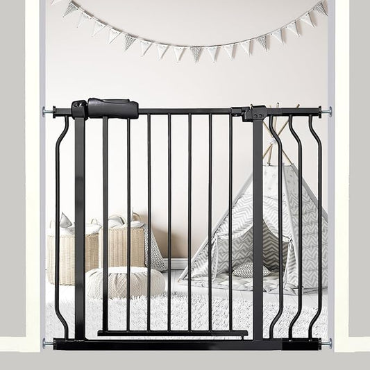 34-38.5 Inch Walk Through Baby & Dog Gate, No Drill Pressure Mounted, Expandable Safety Gate for Kitchen & Living Room, Black Metal with Extension Kit
