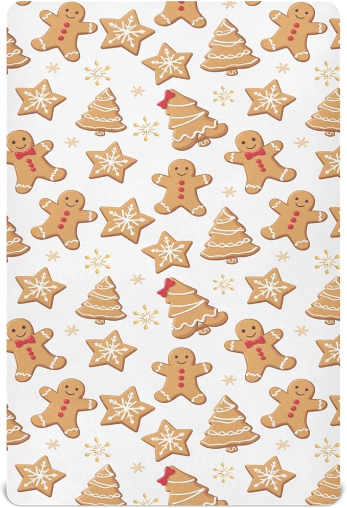 Pfrewn Christmas Crib Sheets for Boys Girls Cartoon Gingerbread Men Snowflakes Fitted Crib Sheet for Mini Crib Mattress Stretch Soft Winter Pattern Toddler Baby Playard Sheet,39x27IN