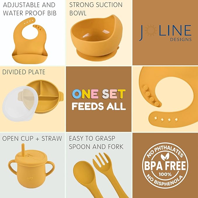 Joline Designs Silicone Baby Feeding Set - Perfect silicone plates for baby & Toddler Plates with lid, Baby Bowls with Suction, Baby Utensils - Baby Led Weaning Supplies & Eating Essential - (Yellow)