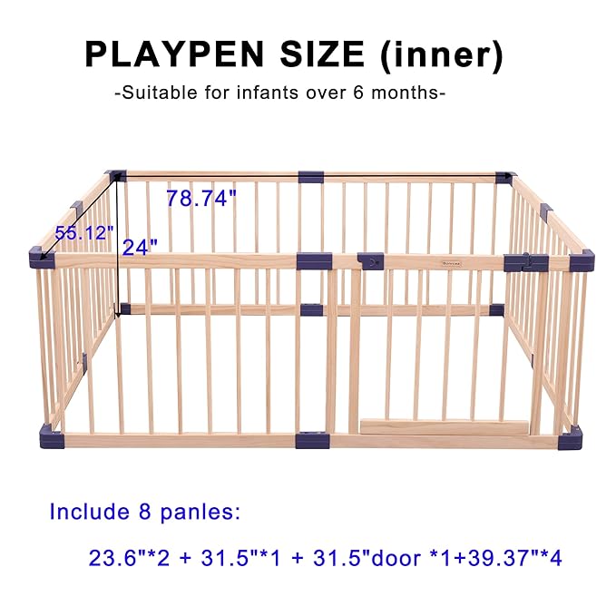 Wooden Baby Playpen for Toddlers,Babies Playars, Wood Fence Play Area with Safety Gate, Indoor Safety Play Yard,Large Play Pen with Locking Gate Activity Center (55x79x24 Inches)