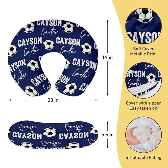 Rucekia Baby Nursing Pillow Cover - Personalized Name Blue Soccer Theme Breastfeeding U-Shaped for Bottle Feeding, Ultra Soft Comfortable Breastfeeding Pillow Cover for Infant Baby Boys and Girls