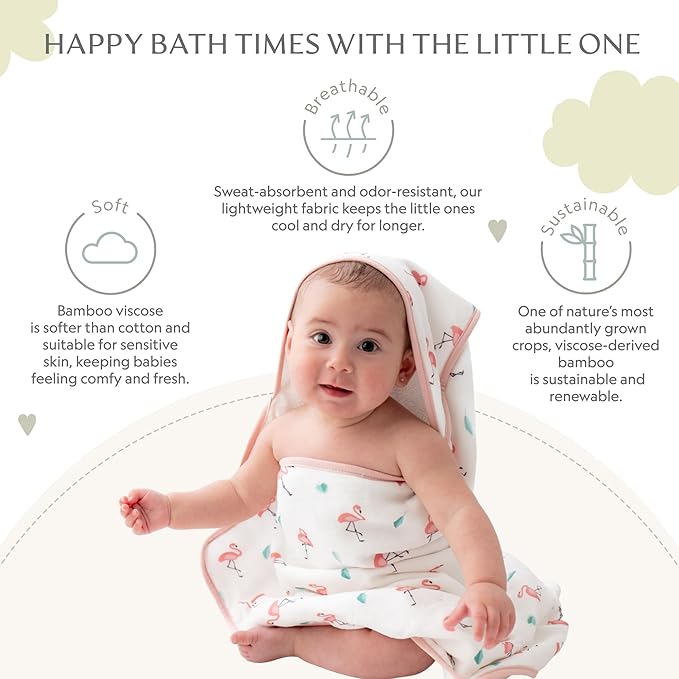 Bamboo Viscose Baby Hooded Towel & Washcloth Set for Babies and Toddlers, Soft & Absorbent, 70% Viscose from Bamboo, 30% Cotton Muslin - Imported (Flamingo)