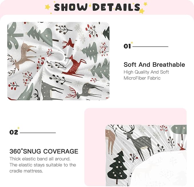 Pfrewn Christmas Crib Sheets for Boys Girls Trees Spruces Reindeer Fitted Crib Sheet for Mini Crib Mattress Stretch Soft Winter Pattern Toddler Baby Playard Sheet,39x27IN