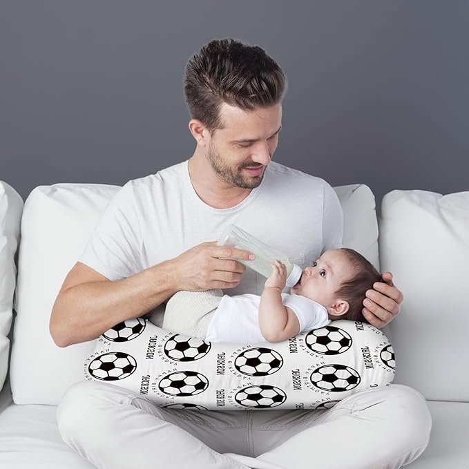 Rucekia Baby Nursing Pillow Cover - Personalized Name White Soccer Theme Breastfeeding U-Shaped for Bottle Feeding, Ultra Soft Comfortable Breastfeeding Pillow Cover for Infant Baby Boys and Girls