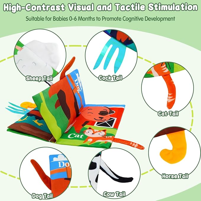 Baby Books Toys 0-12 Months with Teether,Tummy Time Crinkle Sensory Toys,High Contrast Touch & Feel Soft Book, Early Learning Infant Toys,Shower Gift for Boys Girls (Farm Animals)