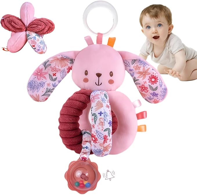 Baby Stroller Hanging Car Seat Toys for Infants 0-6 Months Girl 0-2-3-4-5-7-8 6-12 Month Old Newborn Valentines Gifts, Carseat Pink Plush Toy for Babies Play Gym Rattle Easter Basket Stuffers