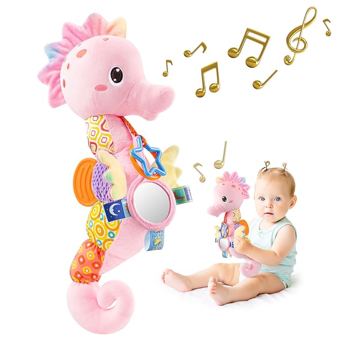 Sumobaby Infant Baby Musical Stuffed Animal Activity Soft Toys with Multi-Sensory Crinkle, Rattle and Textures, for Tummy Time Newborn 0-3-6-12 Months Girls,Seahorses - Pink with Baby Mirror