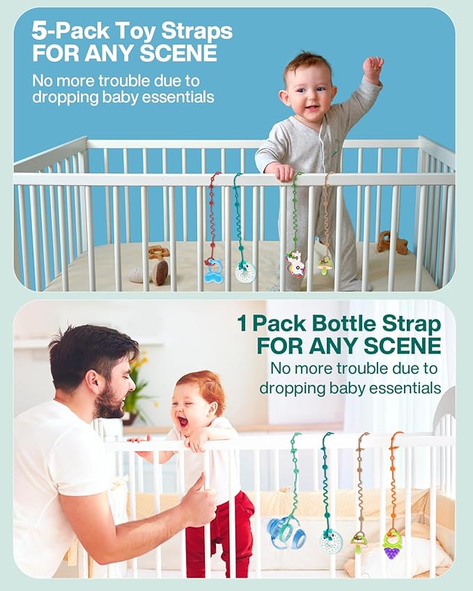 Toy Straps for Baby, Adjustable Toy Holder for Stroller Accessories, Silicone Baby Tether Pacifier Clip, No Throw Baby Travel Essential Leash for High Chair, Car Seat (6-Pack)