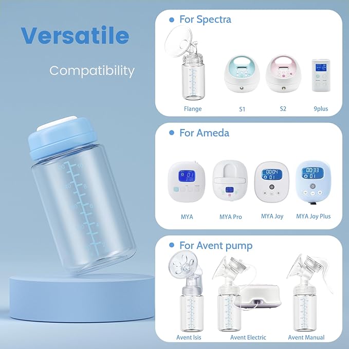 4 Pack 10oz Wide-mouth Breastmilk Storage Bottle for Momcozy 22oz Portable Breast Milk Cooler, Pumping Storage Containers Compatible with Spectra S1/S2/9 Plus/SG/Motif Luna (4PC/Blue Lids)