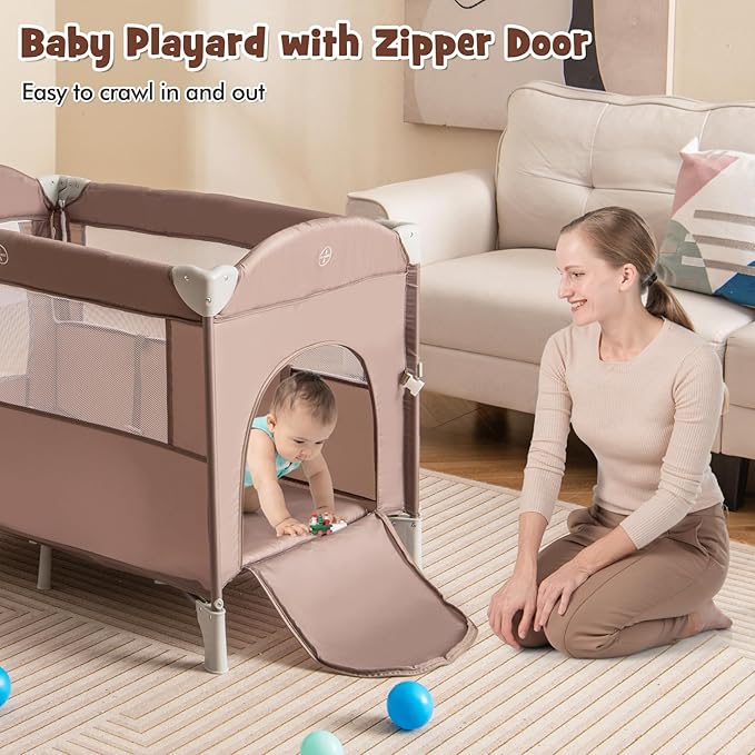 HONEY JOY Pack and Play with Bassinet, 5-in-1 Baby Bedside Sleeper w/Diaper Changing Table & Storage Bag, Toy Arch & Music Box, Detachable Side Rail, Portable Baby Play Yard w/Carry Bag(Coffee)