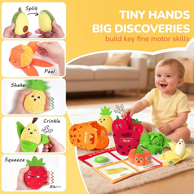 Baby Sensory Toys - Plush Color Sorting Fruit Veggie Baby Toys 6-12 Months, Pretend Play Food with Rattle Crinkle for Toddlers 1-3, Birthday Valentines Day Easter Gift for 1 Year Old Boys Girls
