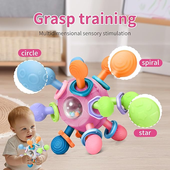 Baby Montessori Teething Toys for 0-6 6-12 Months Infant Teethers Sensory Toys for Babies 0 3 6 9 12 18 Months Newborn Learning Developmental Chew Rattle Toys Shower Gifts for 1 2 Year Old Girls Boys