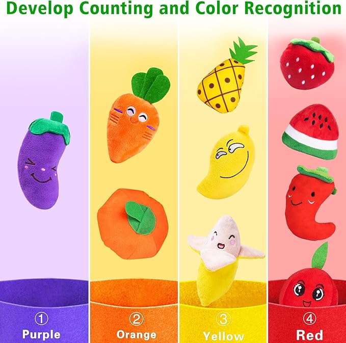 Baby Sensory Toys for 6-12 Months, Montessori Toys for 1 Year Old Boy Girl, Color Sorting & Counting, Soft Fruit Vegetable Play Food with Rattle Crinkle, Toddler Learning Toy for First Birthday Gift