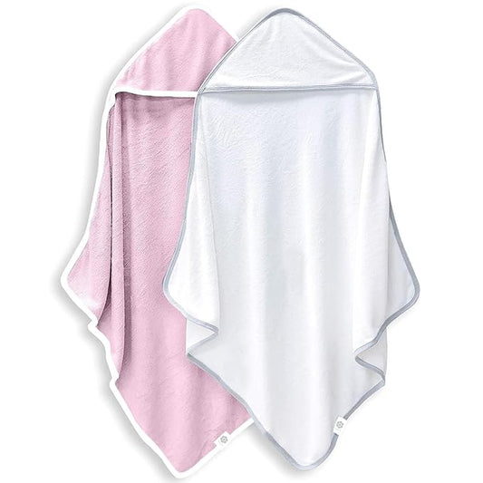 BAMBOO QUEEN 2 Pack Baby Bath Towel - Rayon Made from Bamboo, Ultra Absorbent - Ultra Soft Hooded Towels for Kids - X Large Size for 0-7 Yrs (White and Pink, 37.5 x 37.5 Inch)