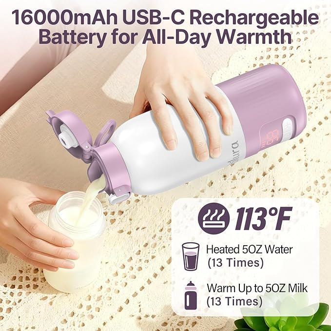 Portable Bottle Warmer for Travel,2Min Fast Heating,16000mAh Battery Baby Bottle Warmer for Breast Milk/Formula/Water,17 Oz Large Capacity Milk Warmer w/Sterilizer/Fast Charge/8-Temp Control