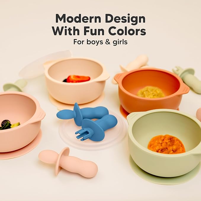 KeaBabies 4-Pack Silicone Baby Spoons and Forks Set - Baby Led Weaning Utensils 6-12 Months, Self Feeding Toddler Spoon & Fork for Training, Teething, Easy to Hold, BPA-Free Silicone (Kea)