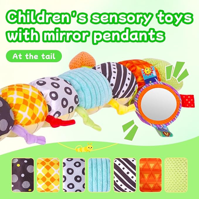 SRICH Baby Musical Plush Caterpillar Toy - 0-12 Months Tummy Time & Head Lifting Soft Sensory Toy, Rattle, Rustling Sounds & Mirror, Perfect Gift for Boys & Girls