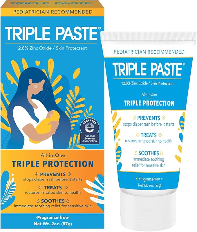 Triple Paste Diaper Rash Cream for Baby - 2 Oz Tube – Zinc Oxide Ointment Treats, Soothes & Prevents Diaper Rash, Pediatrician-Recommended Hypoallergenic Formula, Baby Essentials for Daily & Overnight