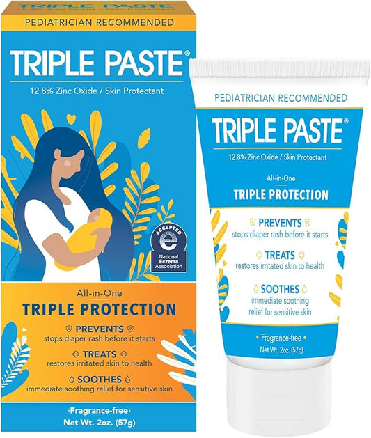 Triple Paste Diaper Rash Cream for Baby - 2 Oz Tube – Zinc Oxide Ointment Treats, Soothes & Prevents Diaper Rash, Pediatrician-Recommended Hypoallergenic Formula, Baby Essentials for Daily & Overnight