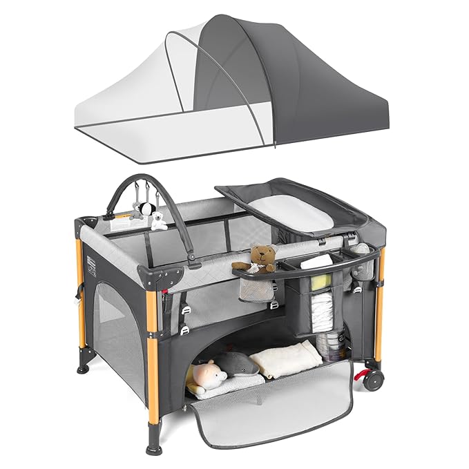 Baby Bassinet 5 in 1 Pack and Play,Baby Crib Adjustable Beside Sleeper One-Second &One-Hand Setup,Portable Playard Foldable Playpen for Newborn,Babies and Toddlers with Changing Table,Mattress (Grey)