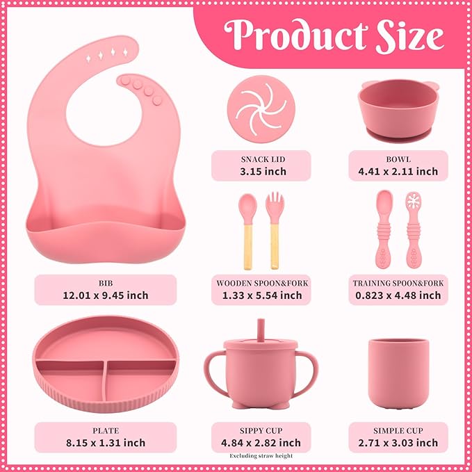 CHCC Silicone Baby Feeding Set 10 Pcs, Baby Led Weaning Supplies, Baby Feeding Supplies Set BPA Free, Baby Essentials for Newborn Gift Red