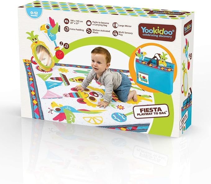 Yookidoo Fiesta Playmat. Folds As Carrying Bag. Indoor & Outdoor Activity Play Blanket with Mirror, Rattle & Teether. Extra Large Washable for Newborn (145 X 100cm)