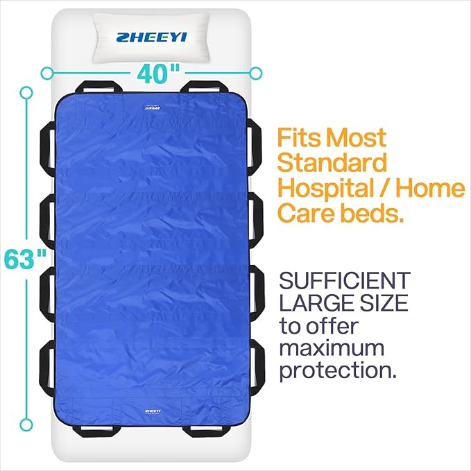 ZHEEYI Bed Positioning Pad with Reinforced Handles 63" x 40" Washable Patient Transfer Slide Sheet for Body Lifting, Turning, Repositioning, for Elderly, Incontinence, Caregiver, Blue