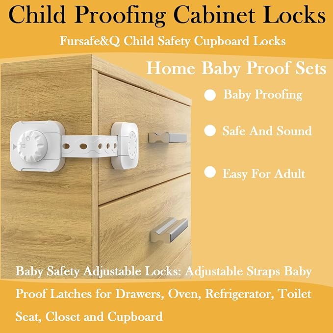 Fursafe&Q Child Safety Cabinet Proofing, Baby Cabinet Locks Adhesive Adjustable Child Safety Strap Locks Drawer Fridge Ovens Toilet Latches No Screws for Furniture Kitchen 2 Pack