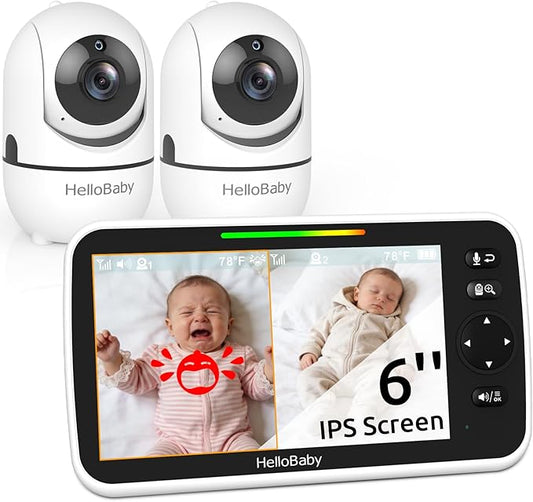 HelloBaby Baby Monitor with 2 Cameras, 6" World First Split Screen, No WiFi, 30H Battery, 355° Pan-Tilt-Zoom, Night Vision, VOX, 8 Lullabies, Temperature Alert, 1000ft Range, Portable for Travel