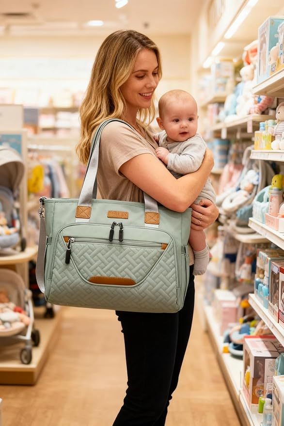 Diaper Bag Tote, Large Tote Diaper Bag with 16" Laptop Compartment, Baby Bag with Insulated Pocket for Mam and Dad, Ideal for Travel, Work (Morandi Grey) | Dual stroller hooks, Working Parents, 3 Insulated Pocket